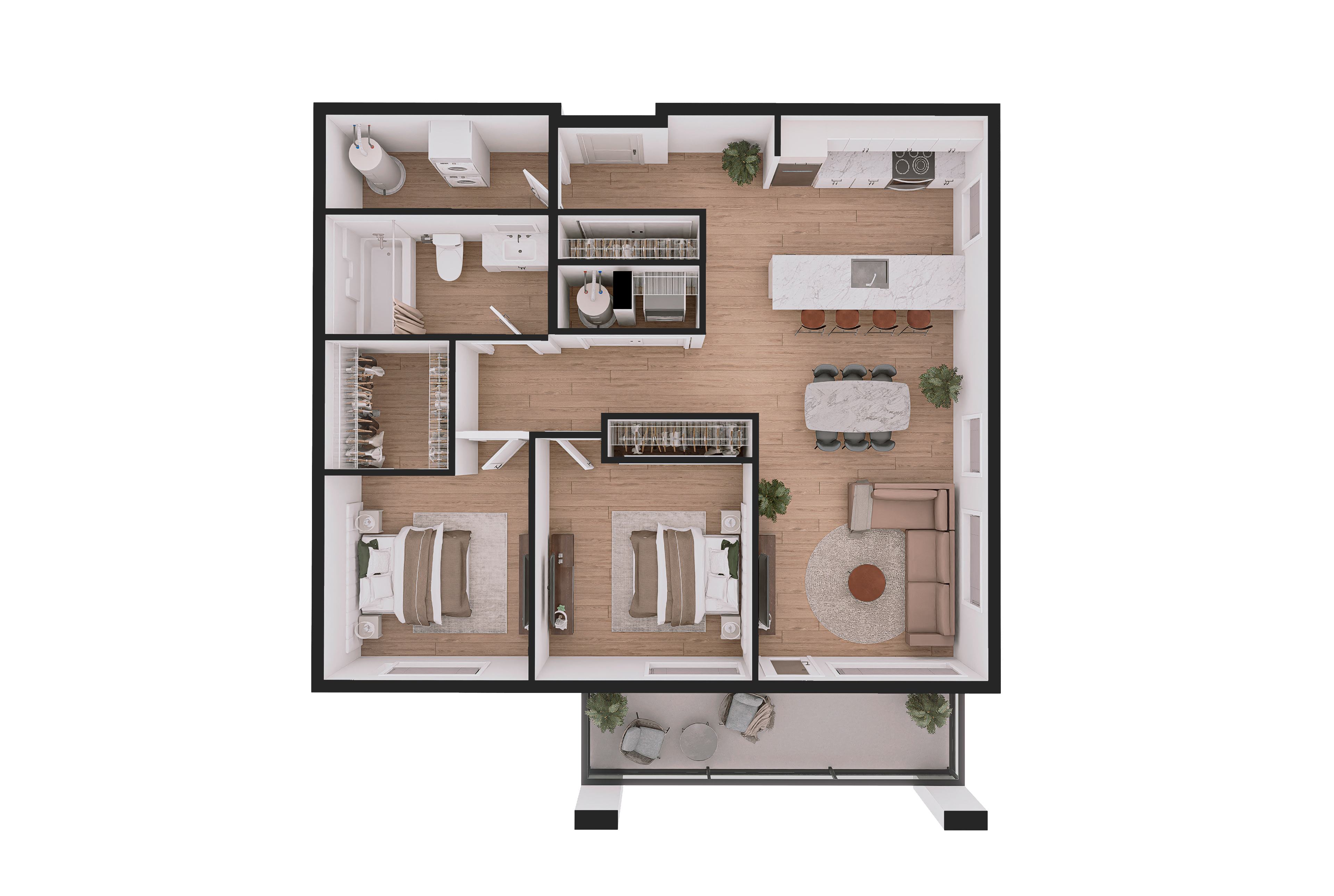 Floor plan for 2 beds, 1 bath, 1001 sqft